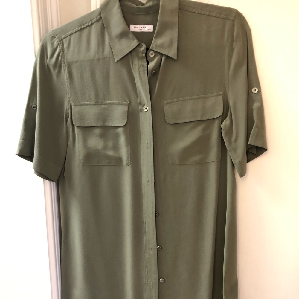 Equipment XS Army Green Silk Button Down Top
